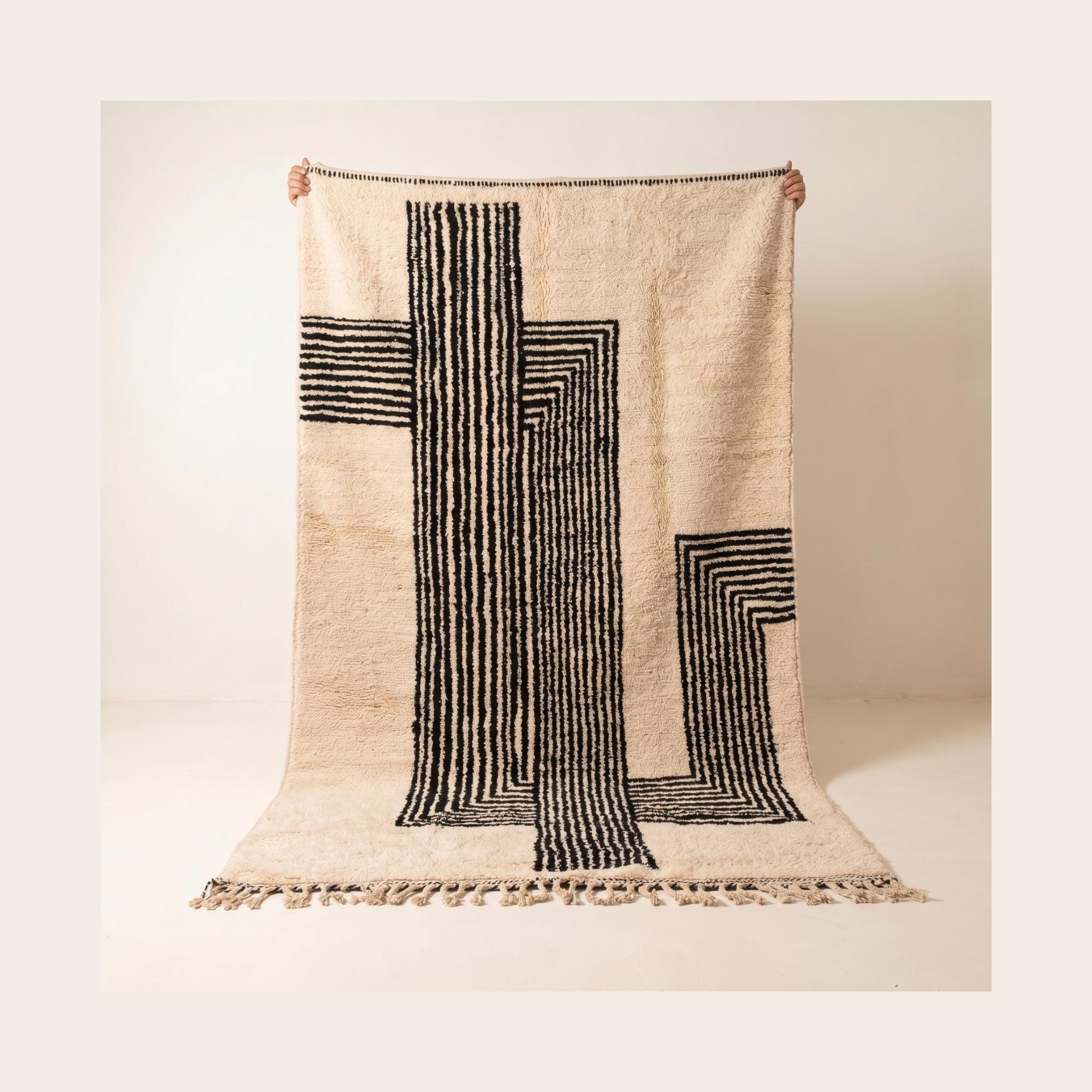 Beni Ourain Rug - Ivory Black Wool Rug - Handmade Geometric Rug - Modern Area Rug - Graphic Berber Carpet - Multiple Sizes