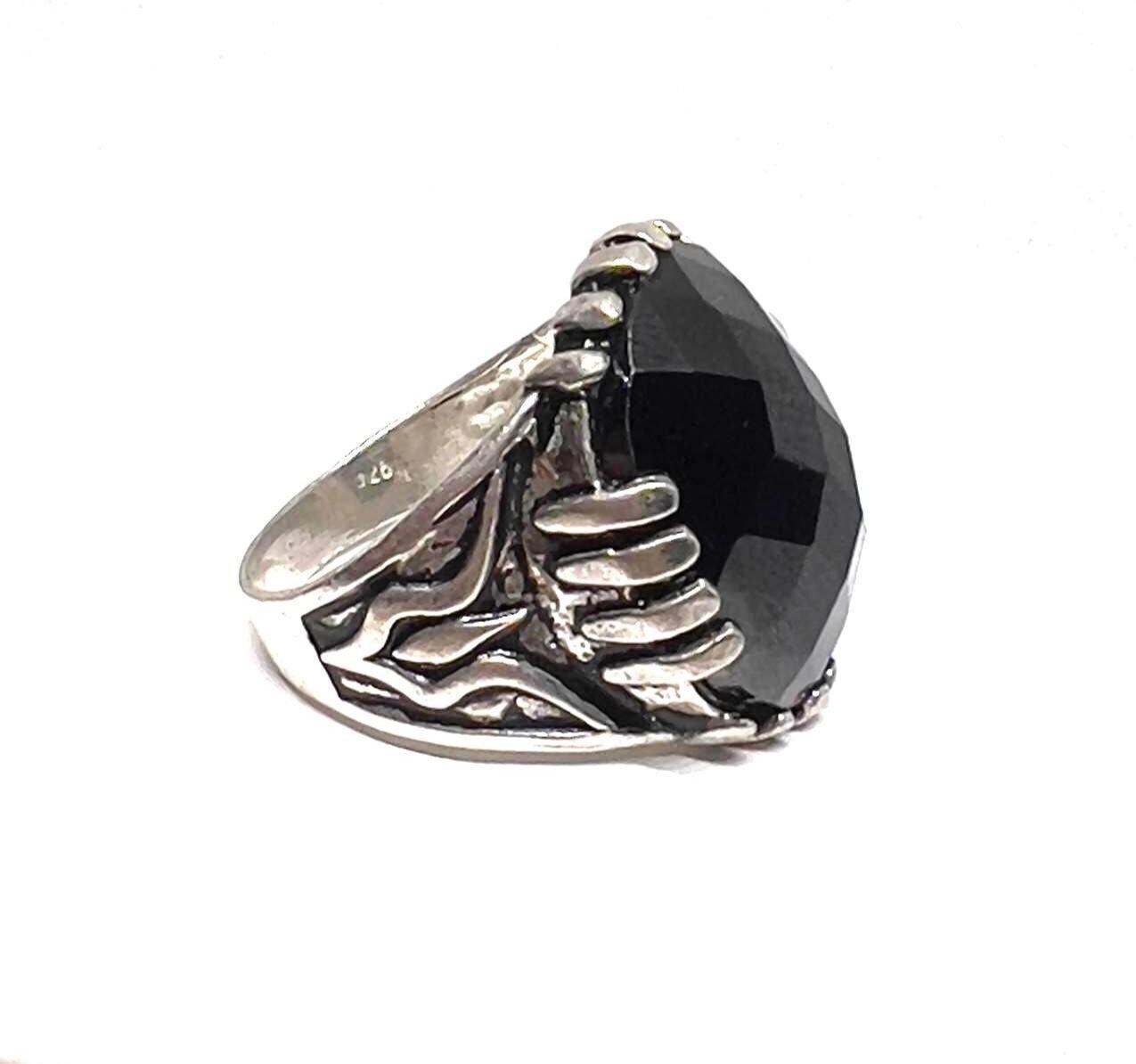 Vintage Biker Sterling Silver Ring: Black Onyx Oval Stone, Handmade Amazigh Design