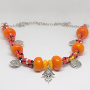 Handmade Berber Necklace: Antique Silver Coins, Coral & Faux Amber