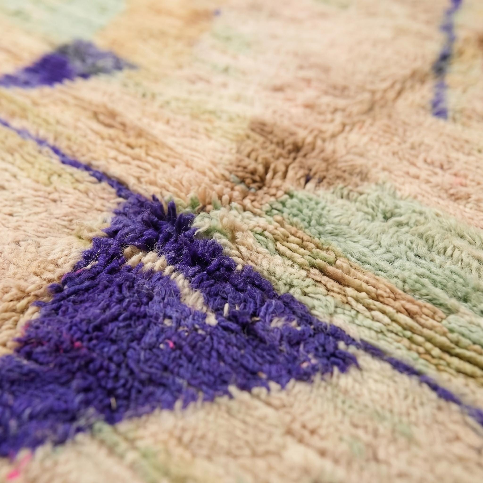 Boujaad Rug - Sandy Beige Purple Violet Wool Rug - Handmade Abstract Geometric Rug - One of a Kind Boho Berber Carpet