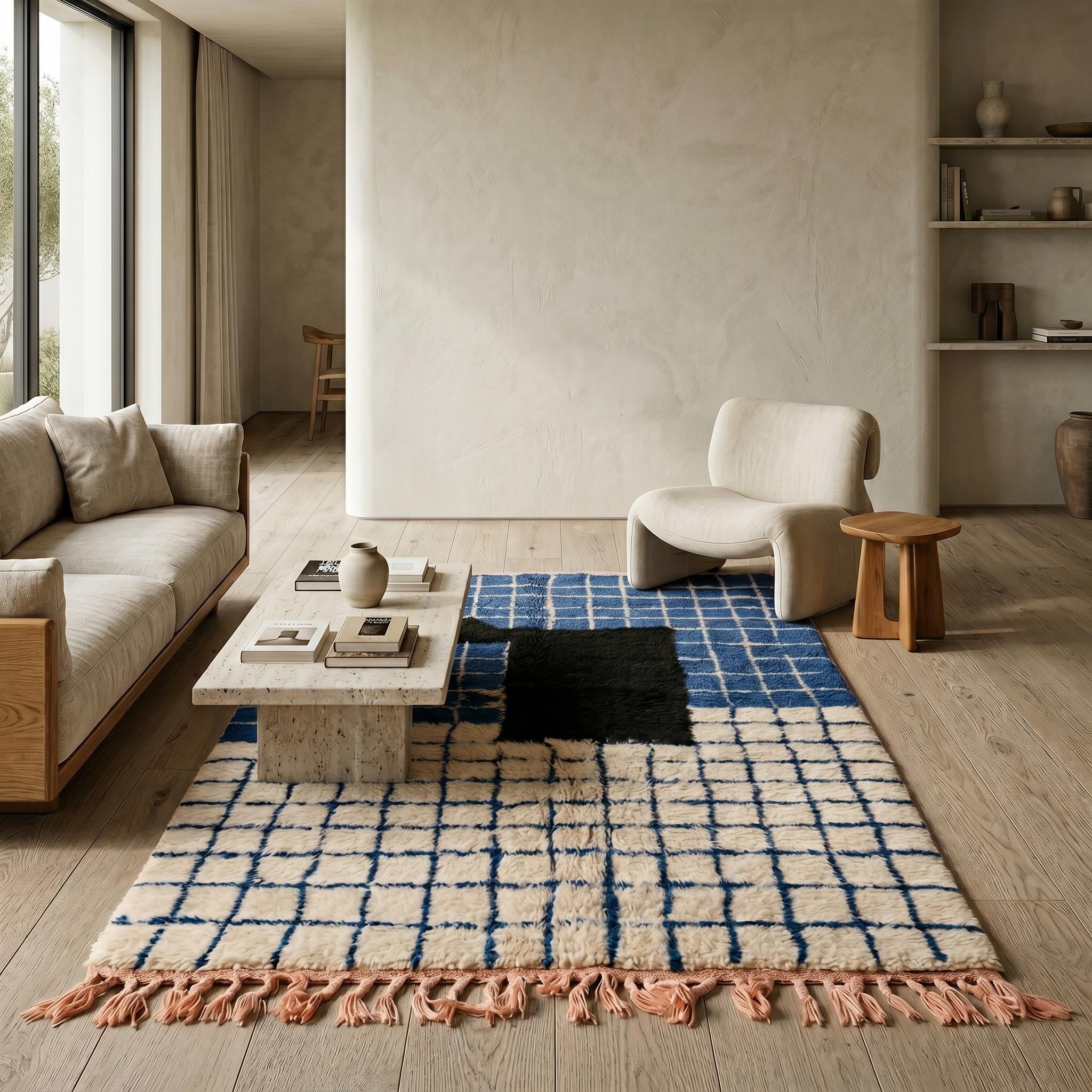 Boujaad Rug - Royal Blue Ivory Wool Rug - Handmade Grid Abstract Art Rug - Bold Area Rug - Berber Carpet - Multiple Sizes