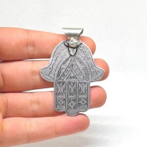 Antique Amazigh Engraved Silver Hamsa Pendant: Old Judaica Hand of Fatima Pendant Necklace