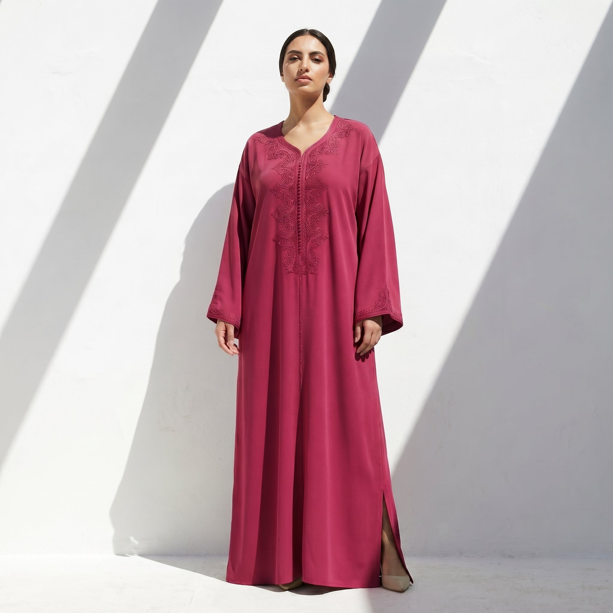 fuchsia Kaftan - Flowing Tonal Embroidery Ceremony Style