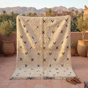 Hand-knotted Beni Ourain Wool Rug, Cream Berber Symbols, Boho Bedroom Decor