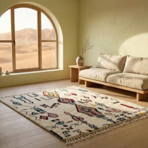 Plush Beni Ourain Wool Rug, Multicolor Berber Tribal Carpet, Boho Living Room Area Rug