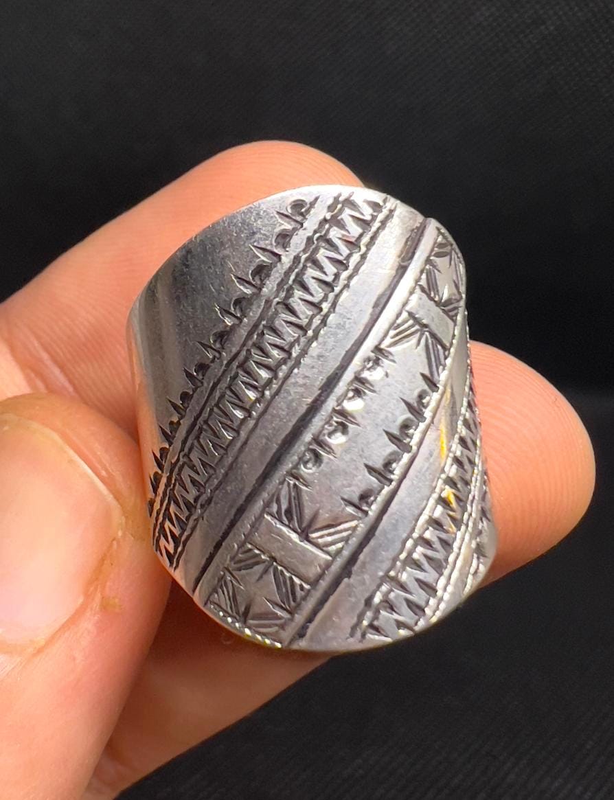 Handmade Sterling Silver Berber Ring: Tribal Engraved Jewelry, Size 8-8.5