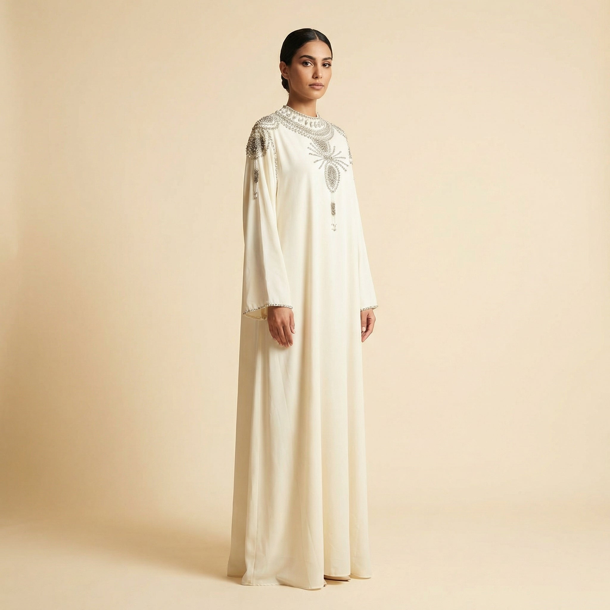 Abaya Dress - Ivory Crystal Gulf Elegance