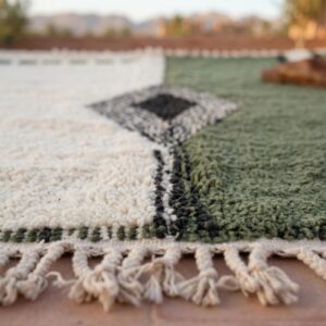 Amazigh Olive Green Beni Ourain Rug, Split Field Wool Carpet, Handmade Shag Diamond Living Room