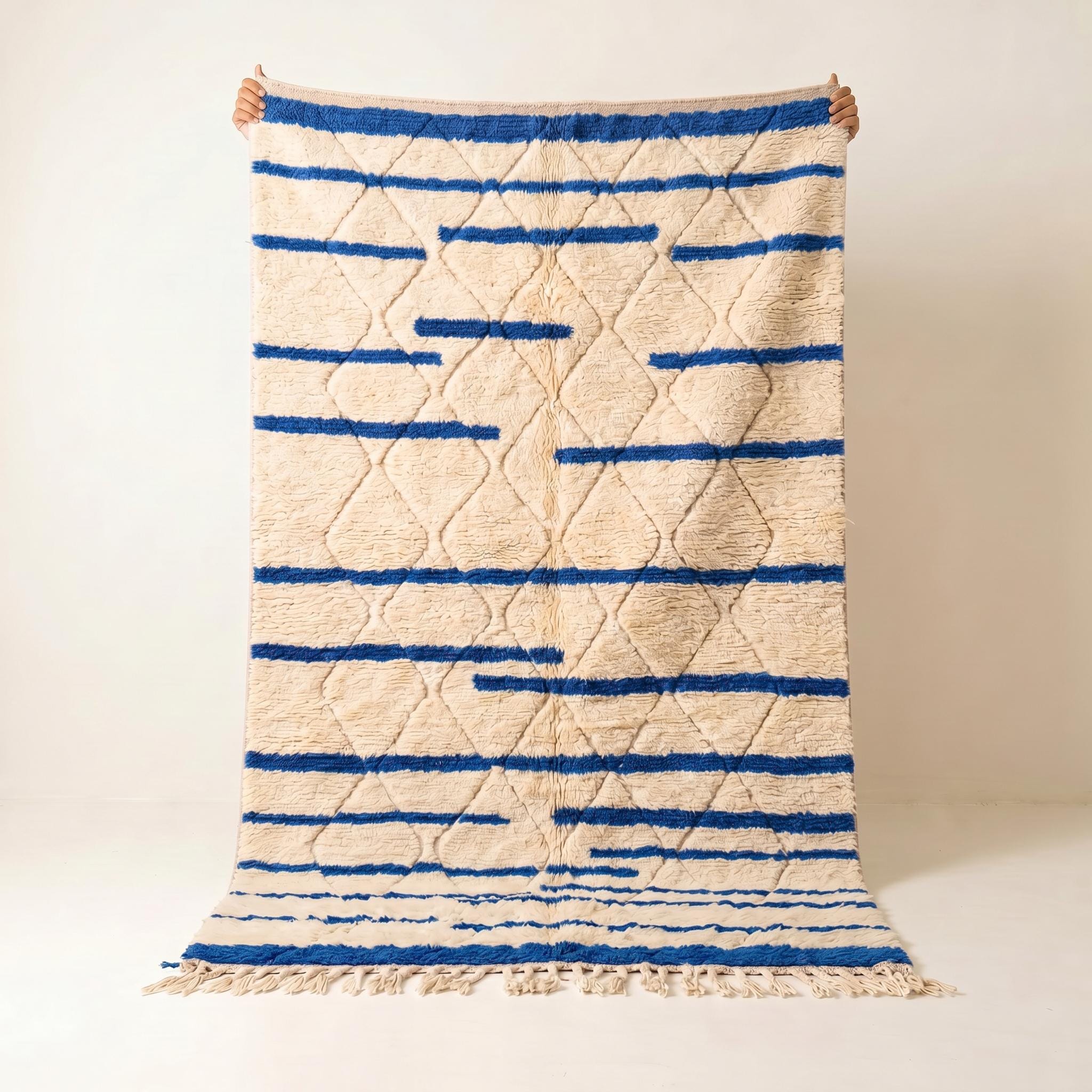Beni Ourain Rug - Ivory Blue Wool Rug - Handmade Diamond Stripe Rug - Coastal Area Rug - Berber Carpet - Multiple Sizes