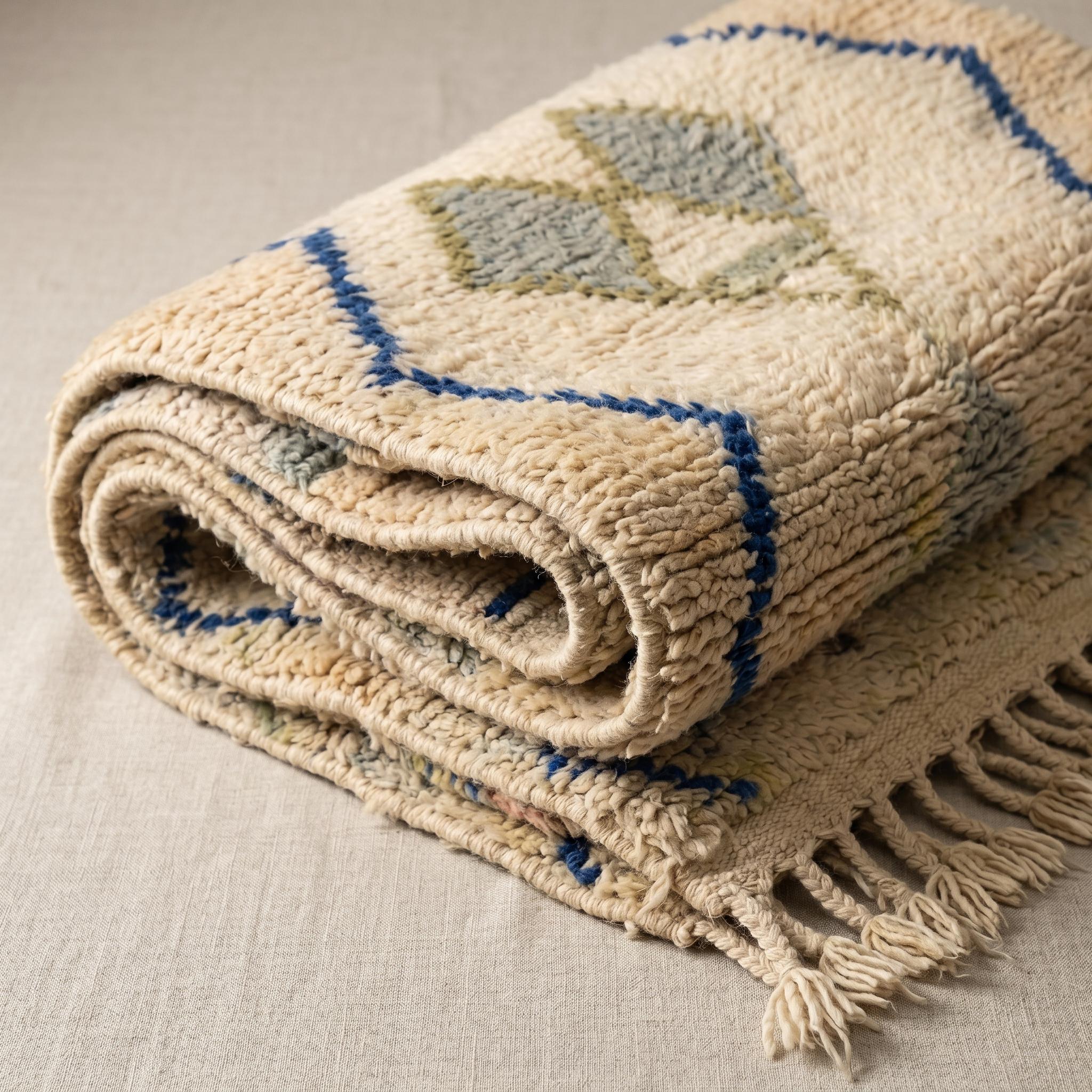 Boujaad Rug - Sandy Beige Blue Wool Rug - Handmade Tribal Diamond Rug - 8x5 Soft Boho Area Rug - One of a Kind Berber Carpet
