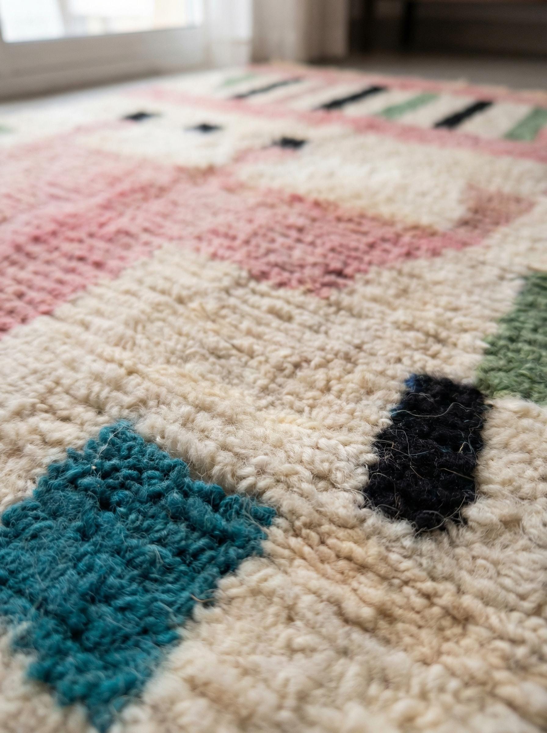 Boujaad Rug - Ivory Pink Abstract Wool Rug - Handmade Art Rug - Pastel Boho Area Rug - Colorful Berber Carpet - Multiple Sizes