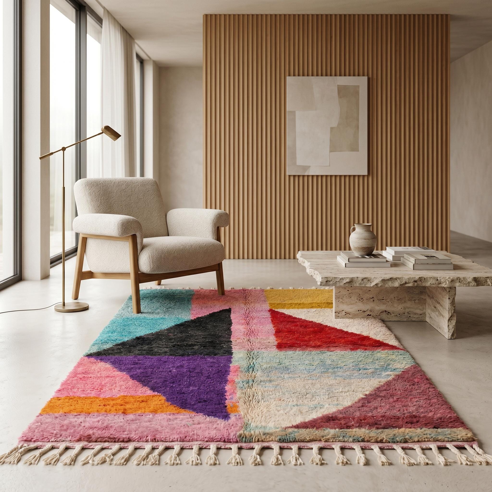 Boujaad Rug - Multicolor Geometric Triangle Wool Rug - Handmade Color Block Rug - 8x5 Bold Boho Area Rug - One of a Kind Berber rug
