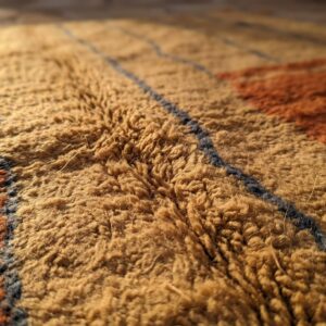 Terracotta Color Block Berber Rug - Camel & Blue Stripe Wool Shag, Handwoven Beni ourain Living Room Rug