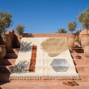 Berber Authentic Beni Ourain Rug, Abstract Rust Beige Wool Carpet, Plush Shag Living Room Decor