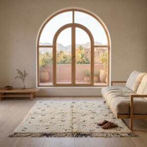Hand-knotted Beni Ourain Wool Rug, Cream Berber Symbols, Boho Bedroom Decor