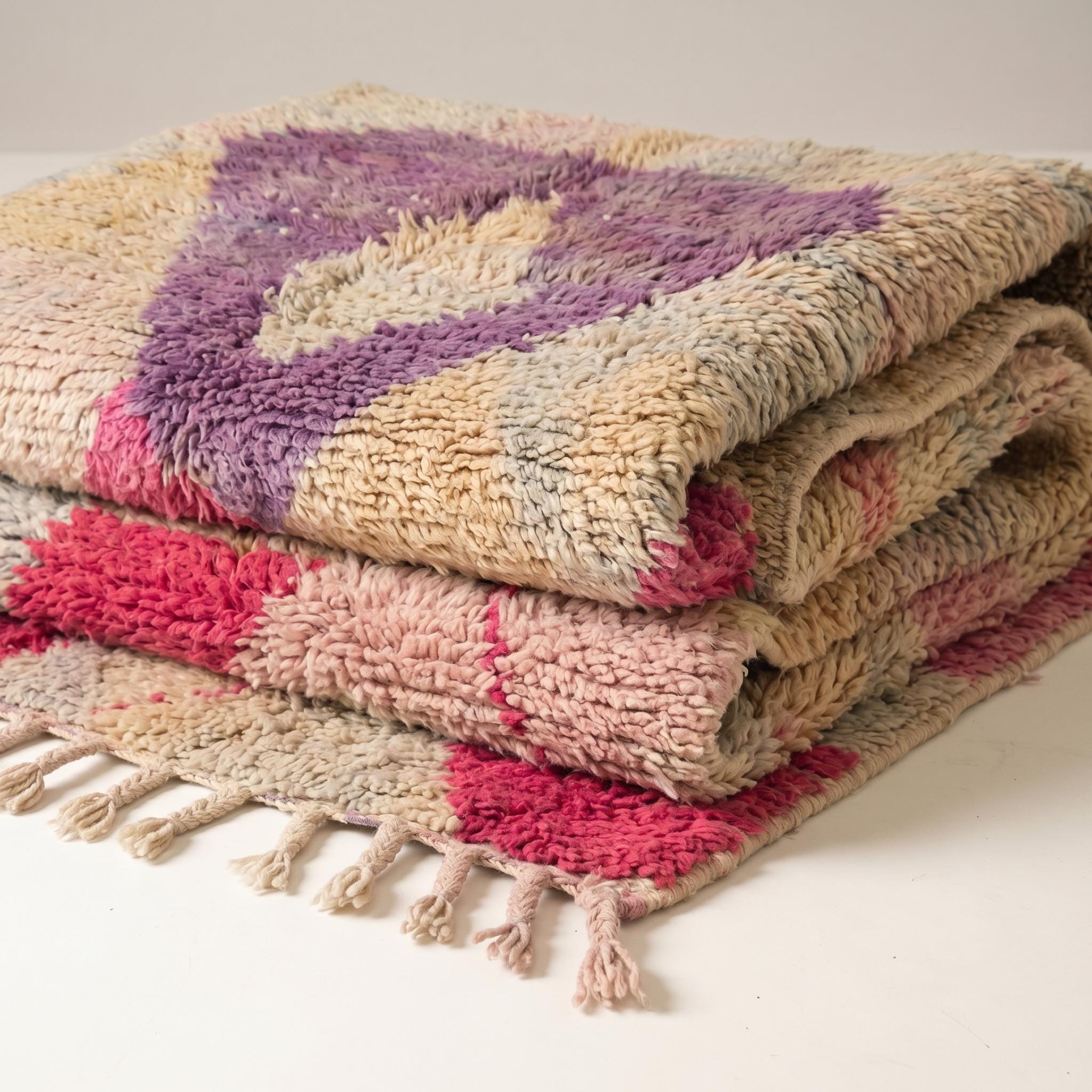Boujaad Rug - Sandy Beige Purple Fuchsia Wool Rug - Handmade Abstract Rug - 8x5 Boho Area Rug - One of a Kind Berber Carpet