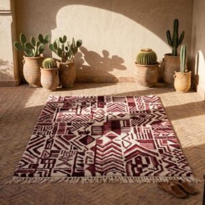 Handwoven Burgundy Berber Rug - Abstract Tribal Wool Shag Carpet