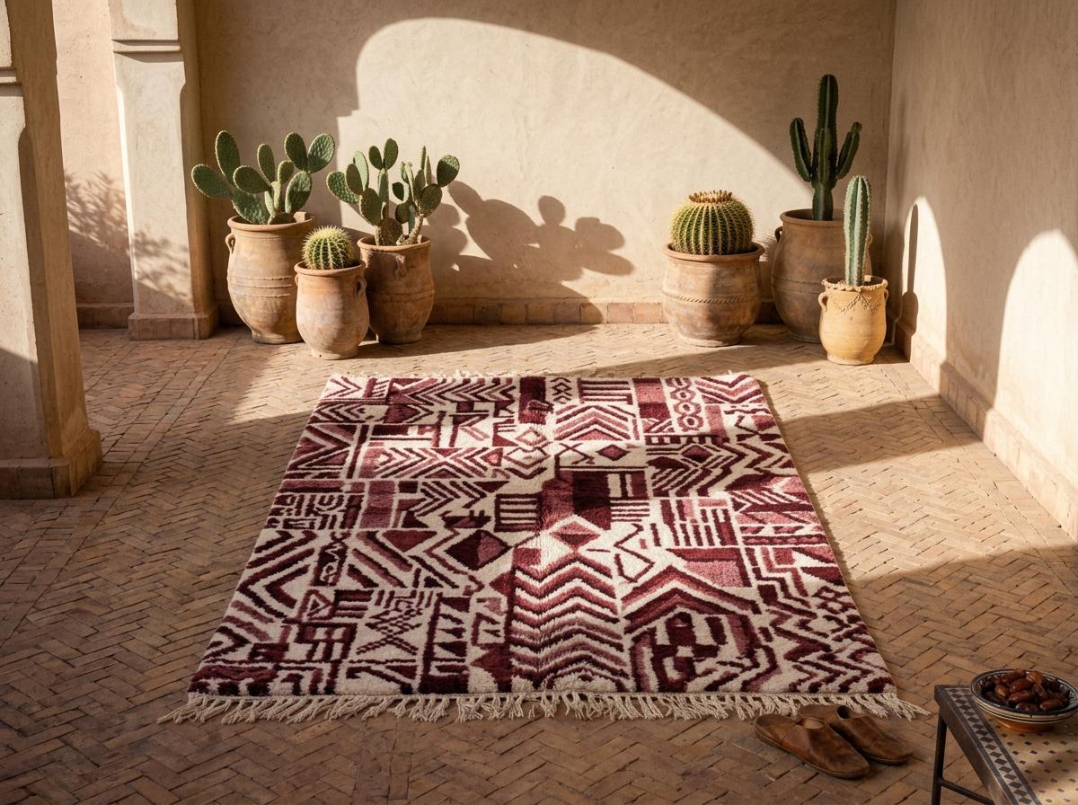 Handwoven Burgundy Berber Rug - Abstract Tribal Wool Shag Carpet