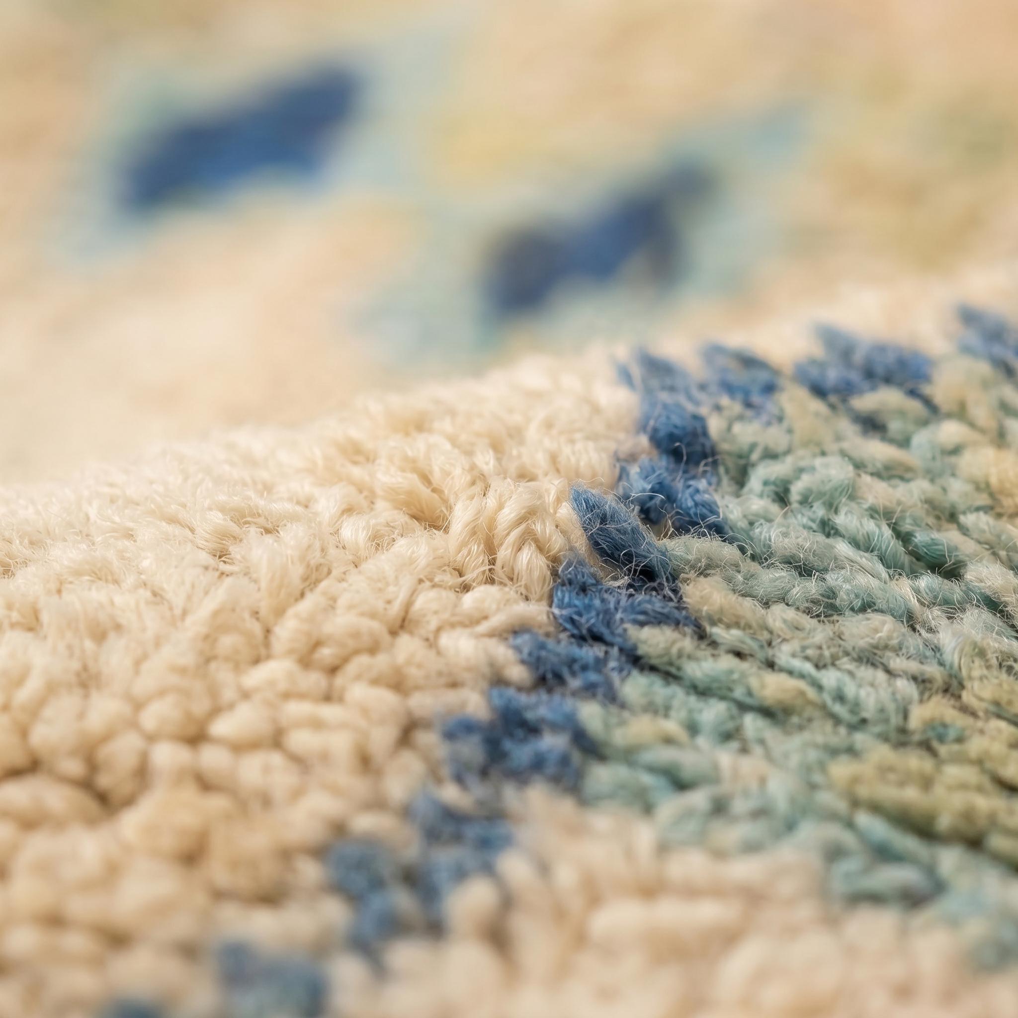 Boujaad Rug - Sandy Beige Blue Wool Rug - Handmade Tribal Diamond Rug - 8x5 Soft Boho Area Rug - One of a Kind Berber Carpet