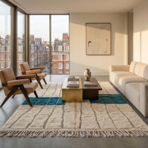 Ivory & Teal Beni Ourain Rug - Handwoven Wool Shag, Color Block Berber Carpet, Modern Boho Living Room Area Rug