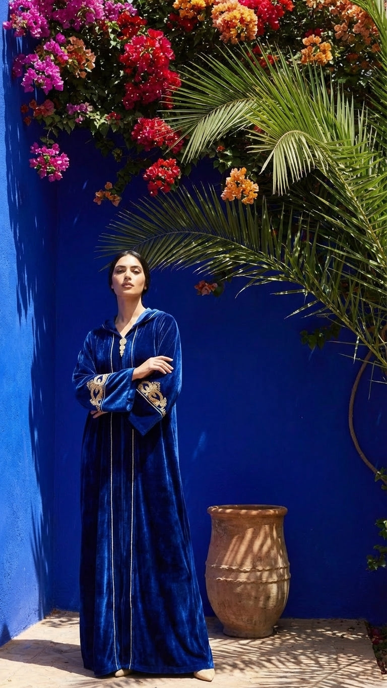 Amazigh Djellaba - Blue Velvet Traditional Occasion Wear - Product Image 4