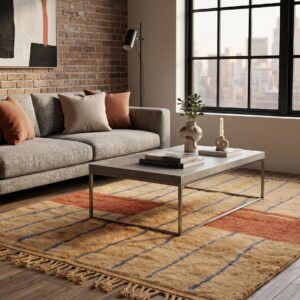 Terracotta Color Block Berber Rug - Camel & Blue Stripe Wool Shag, Handwoven Beni ourain Living Room Rug