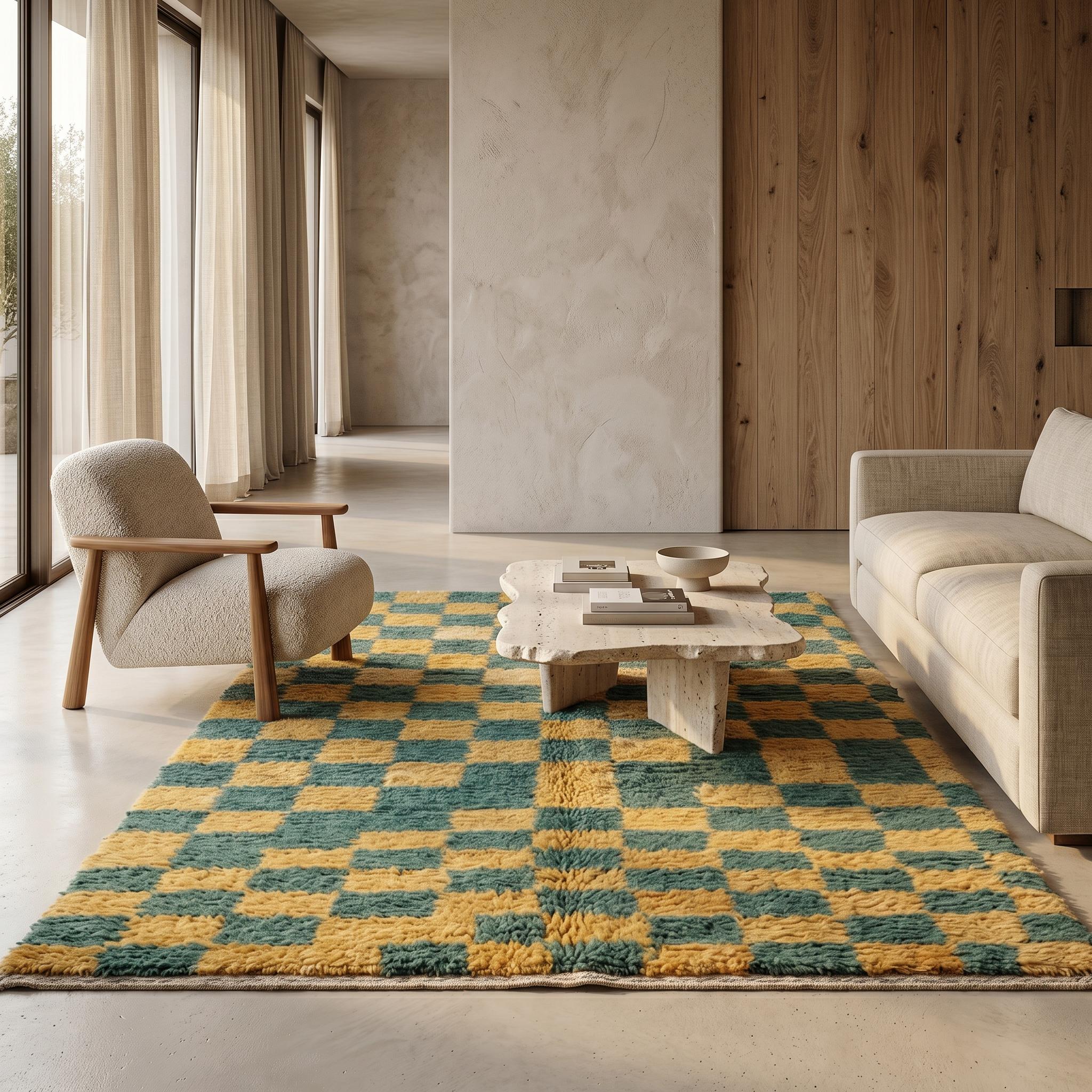 Checkered Rug - Mustard Yellow Green Wool Rug - Handmade Checker Rug - Retro Boho Area Rug - Berber Carpet - Multiple Sizes