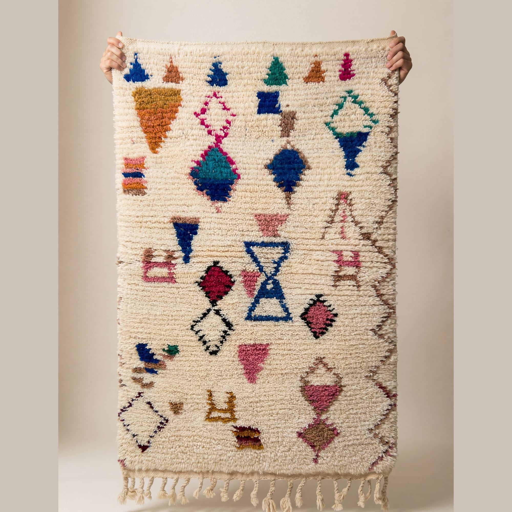 Azilal Rug - Ivory Colorful Symbol Wool Rug - Handmade Tribal Rug - Playful Boho Area Rug - Berber Carpet Gift - Multiple Sizes