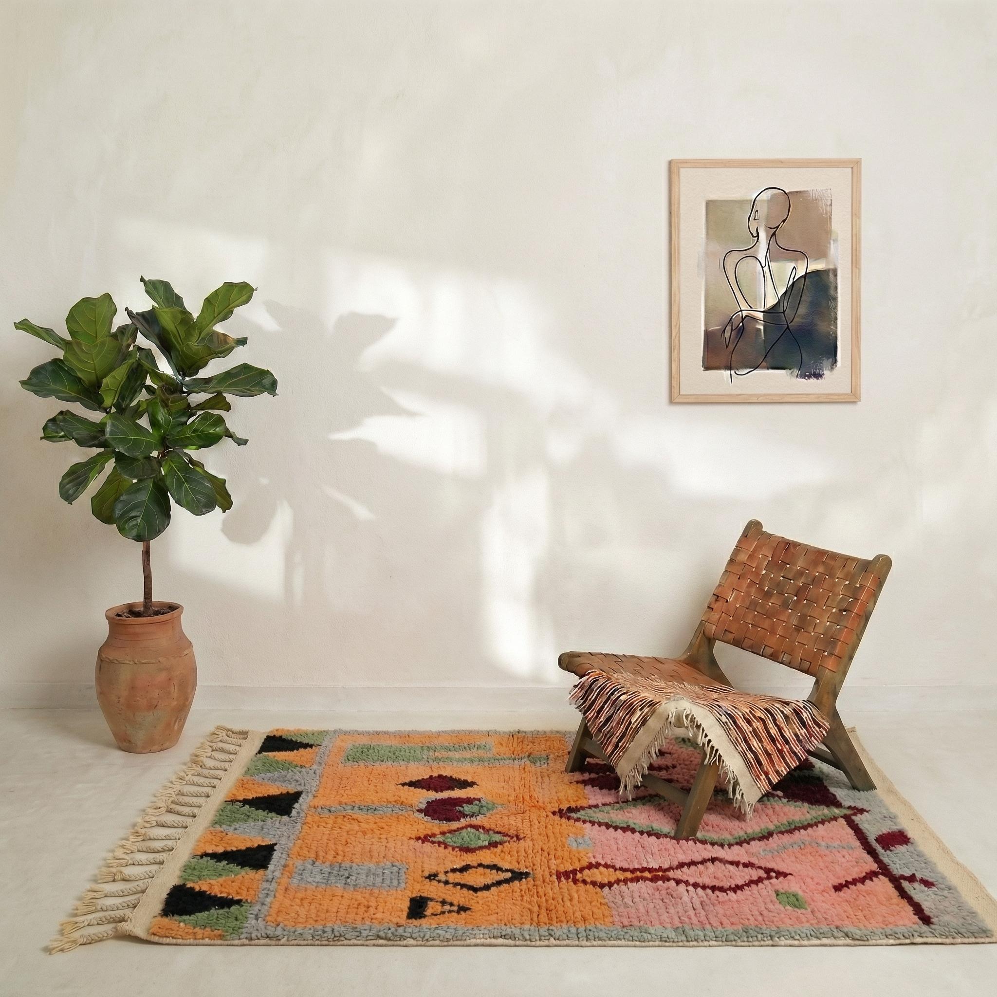 Boujaad Rug - Peach Sage Green Wool Rug - Handmade Geometric Rug - Earthy Boho Area Rug - Colorful Berber Carpet - Multiple Sizes