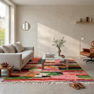 Tribal Wool Rug Multicolor - Handwoven Boujaad Berber Carpet, Pink Green Color Block Boho Custom Living Room Area Rug