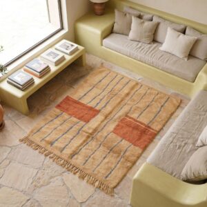 Terracotta Color Block Berber Rug - Camel & Blue Stripe Wool Shag, Handwoven Beni ourain Living Room Rug
