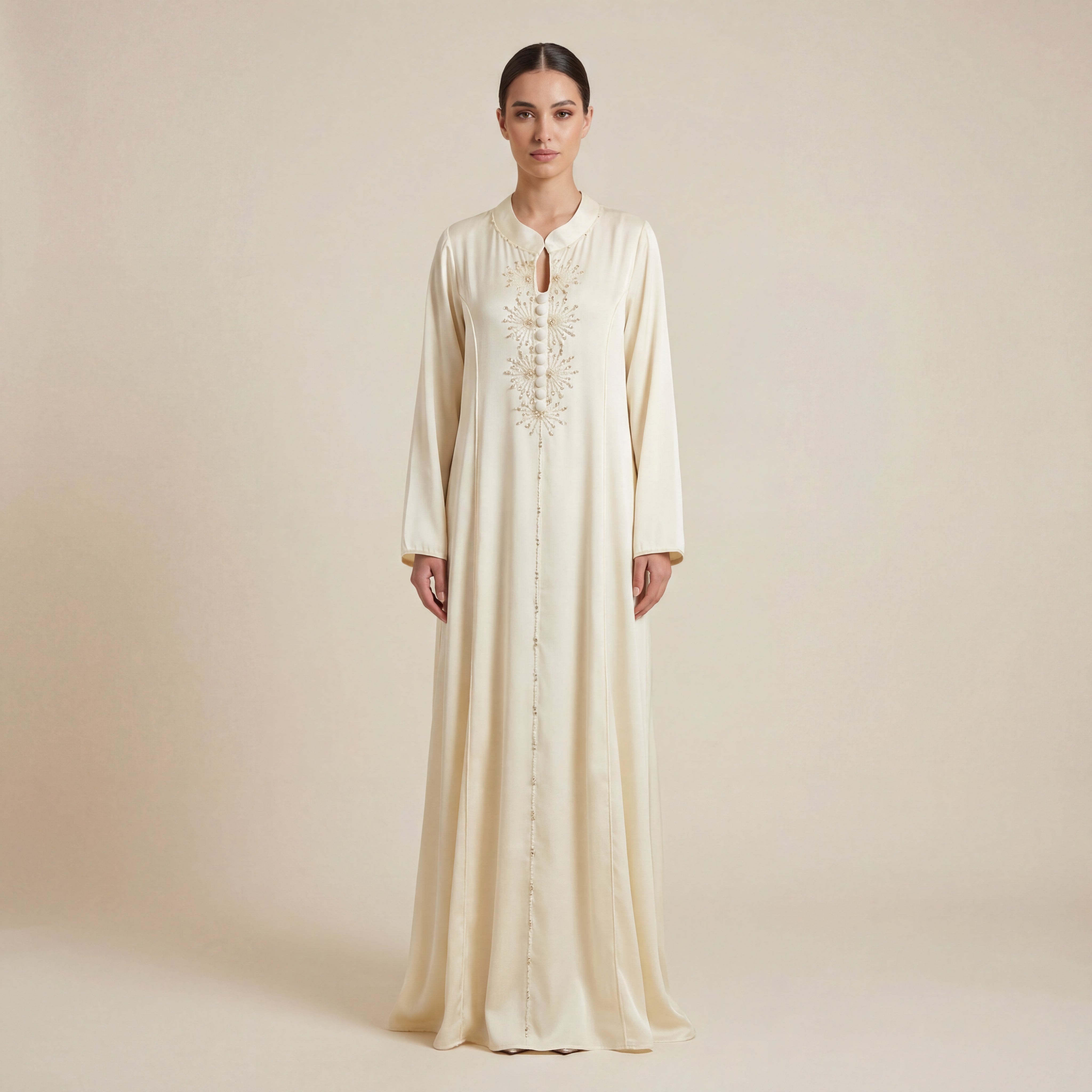 Abaya Pearl Dress - Beige Embroidered Occasion Elegance