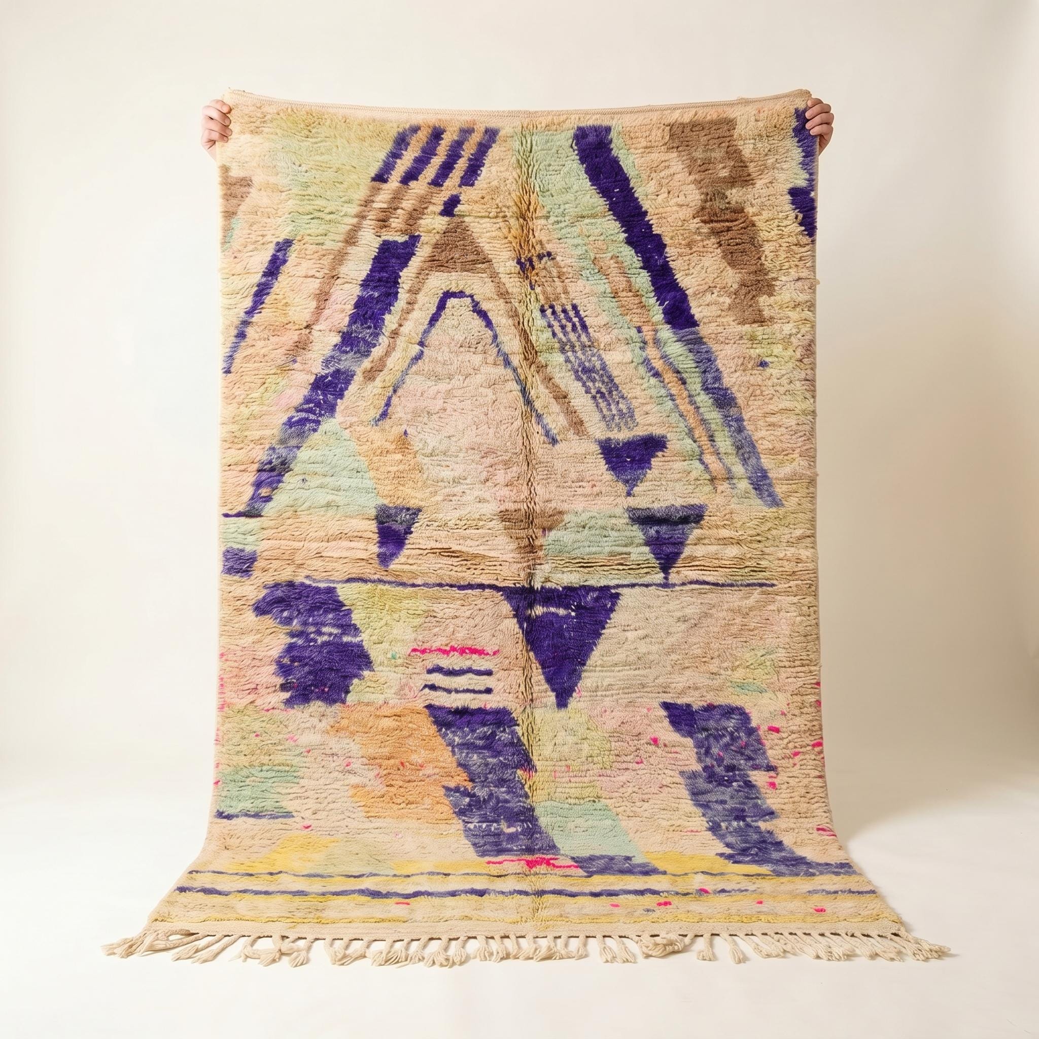 Boujaad Rug - Sandy Beige Purple Violet Wool Rug - Handmade Abstract Geometric Rug - One of a Kind Boho Berber Carpet