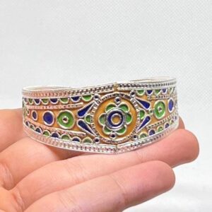 Kabyle Berber Enamel Sterling Silver Cuff: Tribal African Amazigh Bracelet