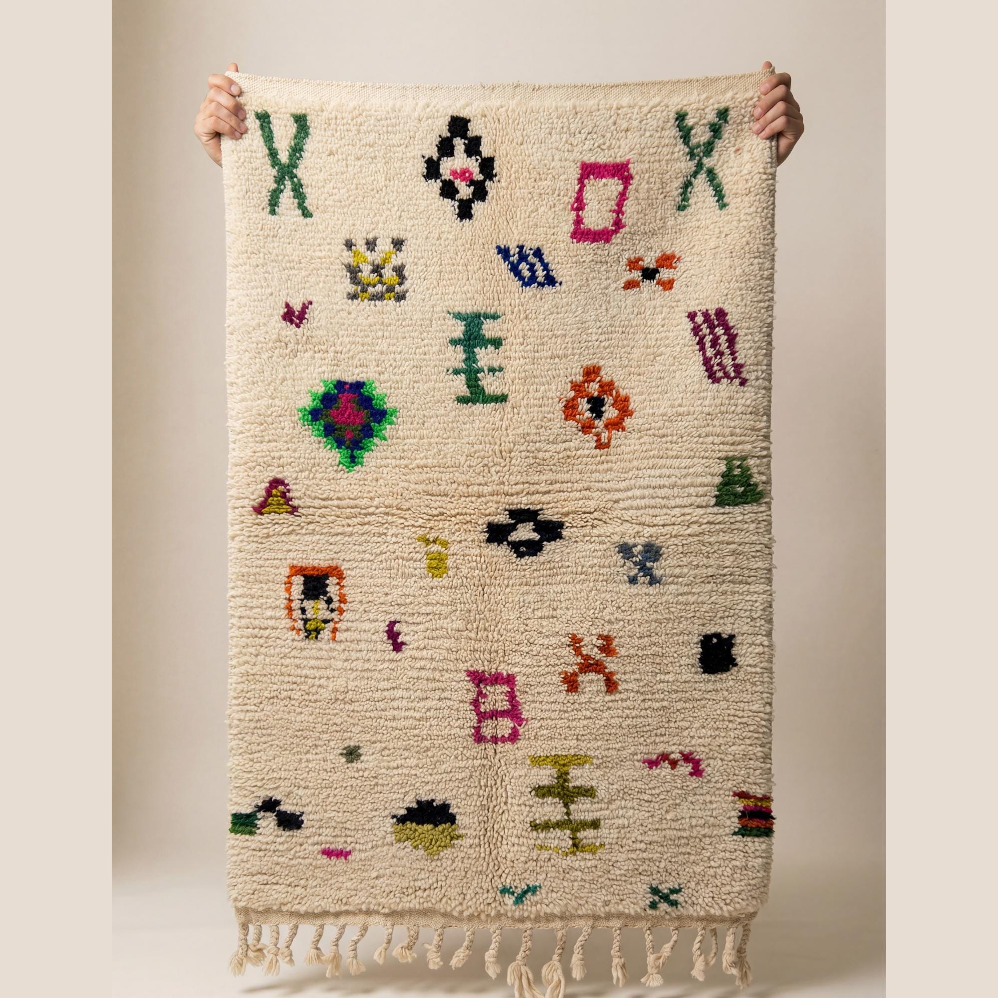 Azilal Rug - Ivory Pixel Art Wool Rug - Handmade Symbol Rug - Fun Boho Area Rug - Colorful Berber Carpet - Multiple Sizes