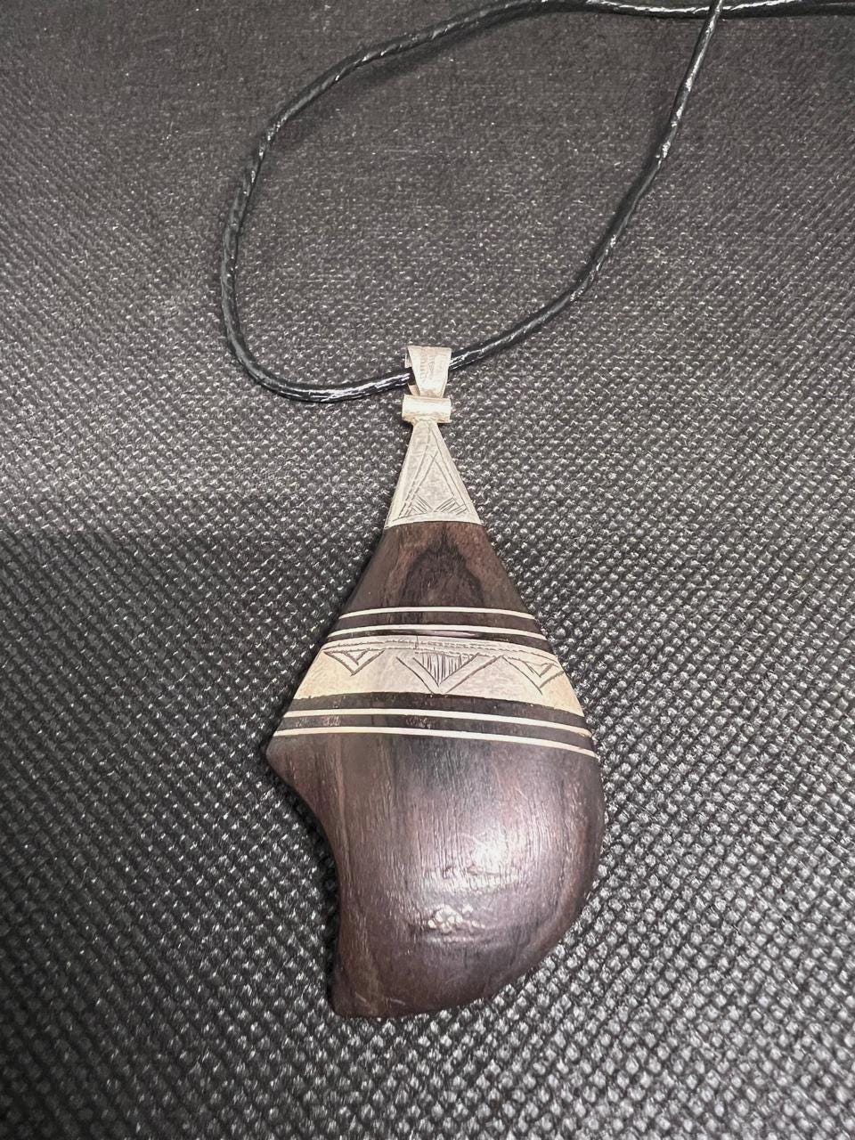Antique Tuareg Ebony Pendant: Sterling Silver Inlay, African Amulet