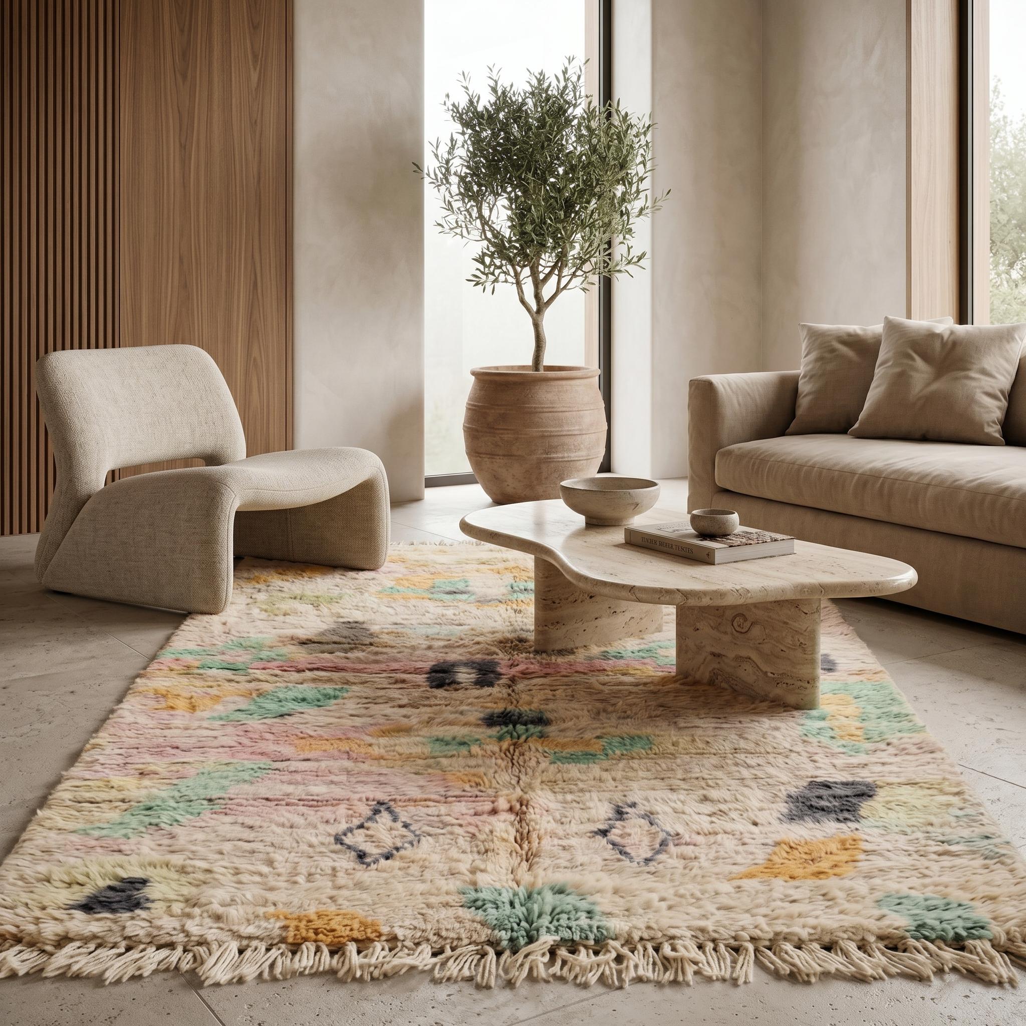 Azilal Rug - Handmade Wool Rug - Pastel Abstract Berber Carpet - 8x5 Boho Area Rug - One of a Kind Rug