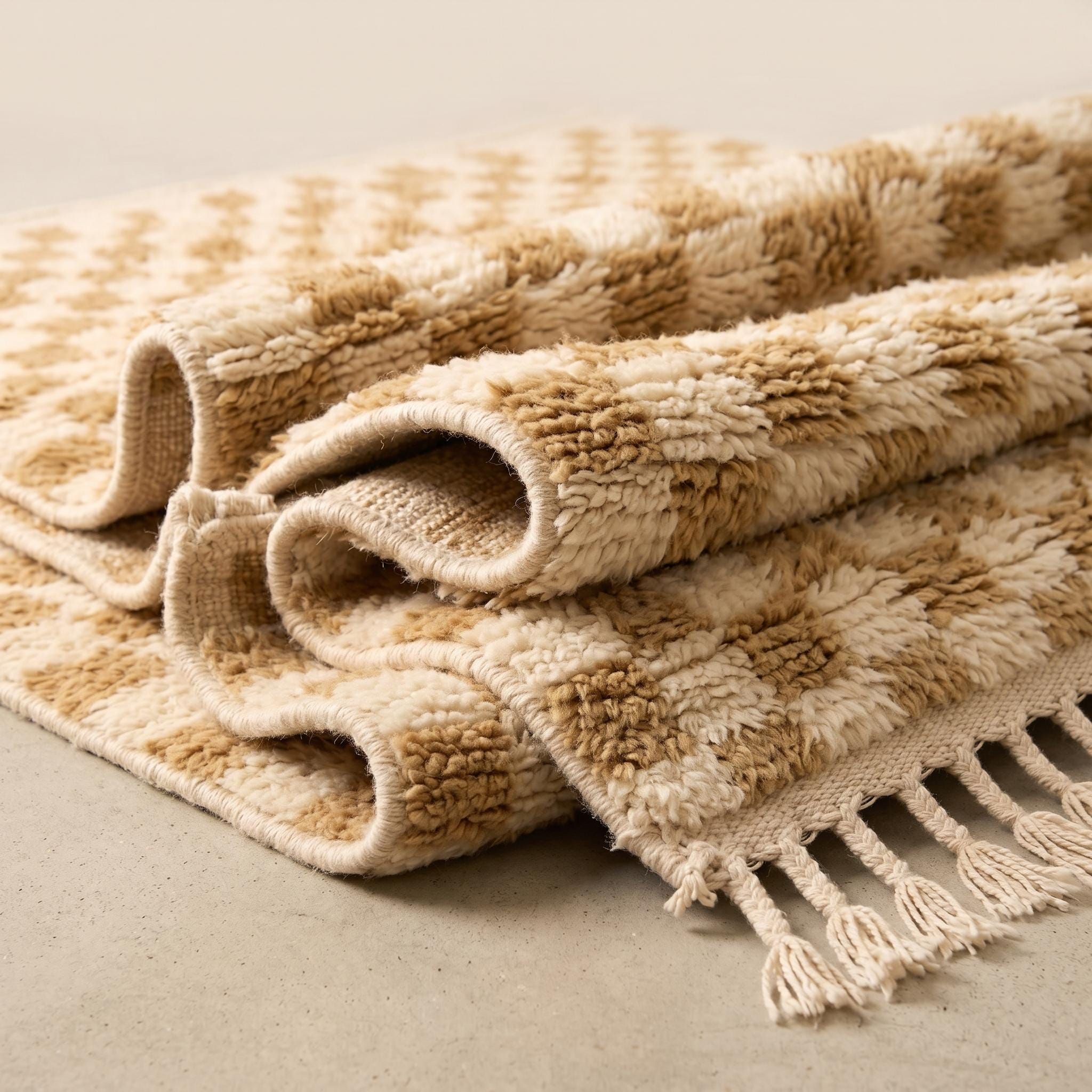 Checkered Rug - Ivory Camel Wool Rug - Handmade Neutral Checker Rug - Japandi Area Rug - Berber Carpet - Multiple Sizes