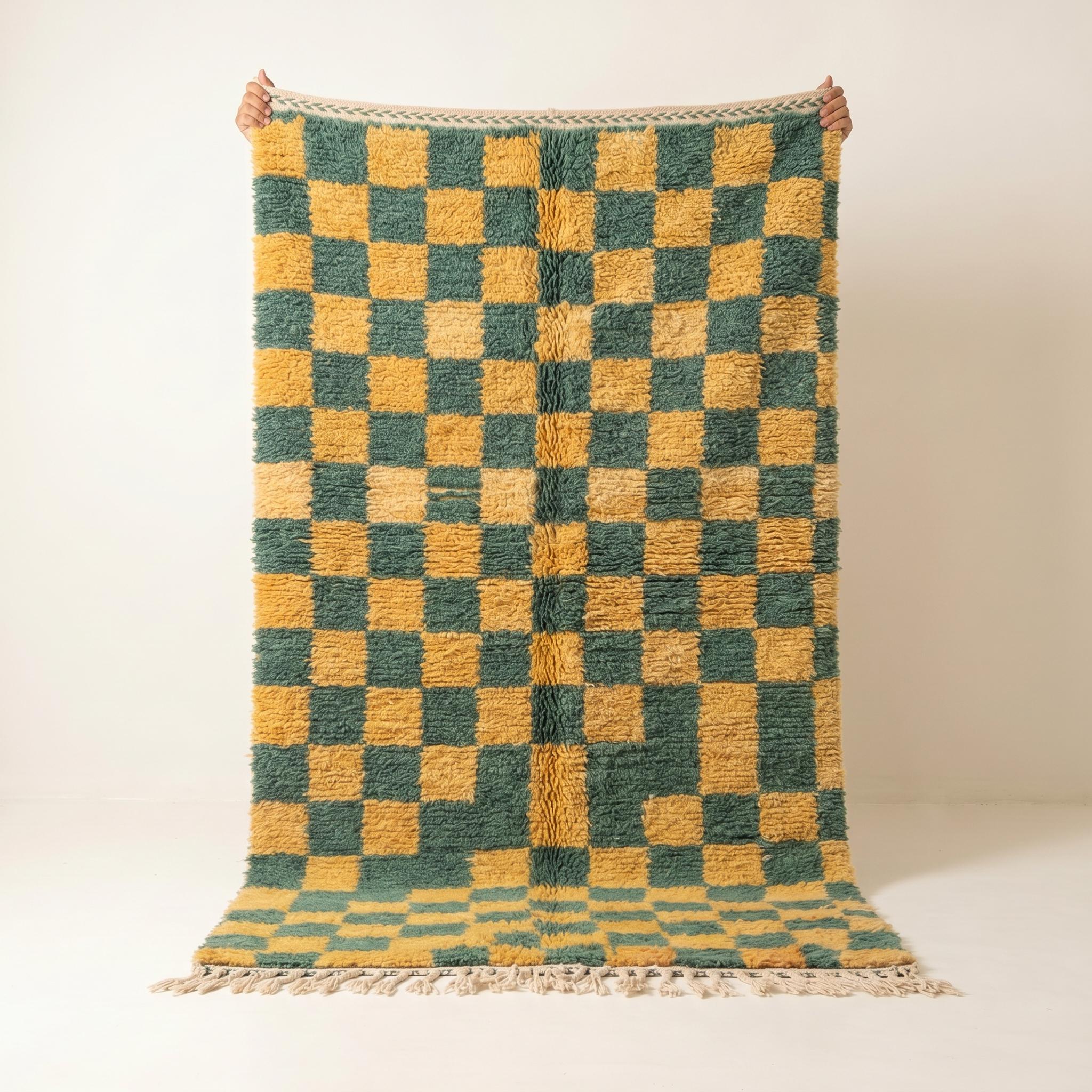 Checkered Rug - Mustard Yellow Green Wool Rug - Handmade Checker Rug - Retro Boho Area Rug - Berber Carpet - Multiple Sizes