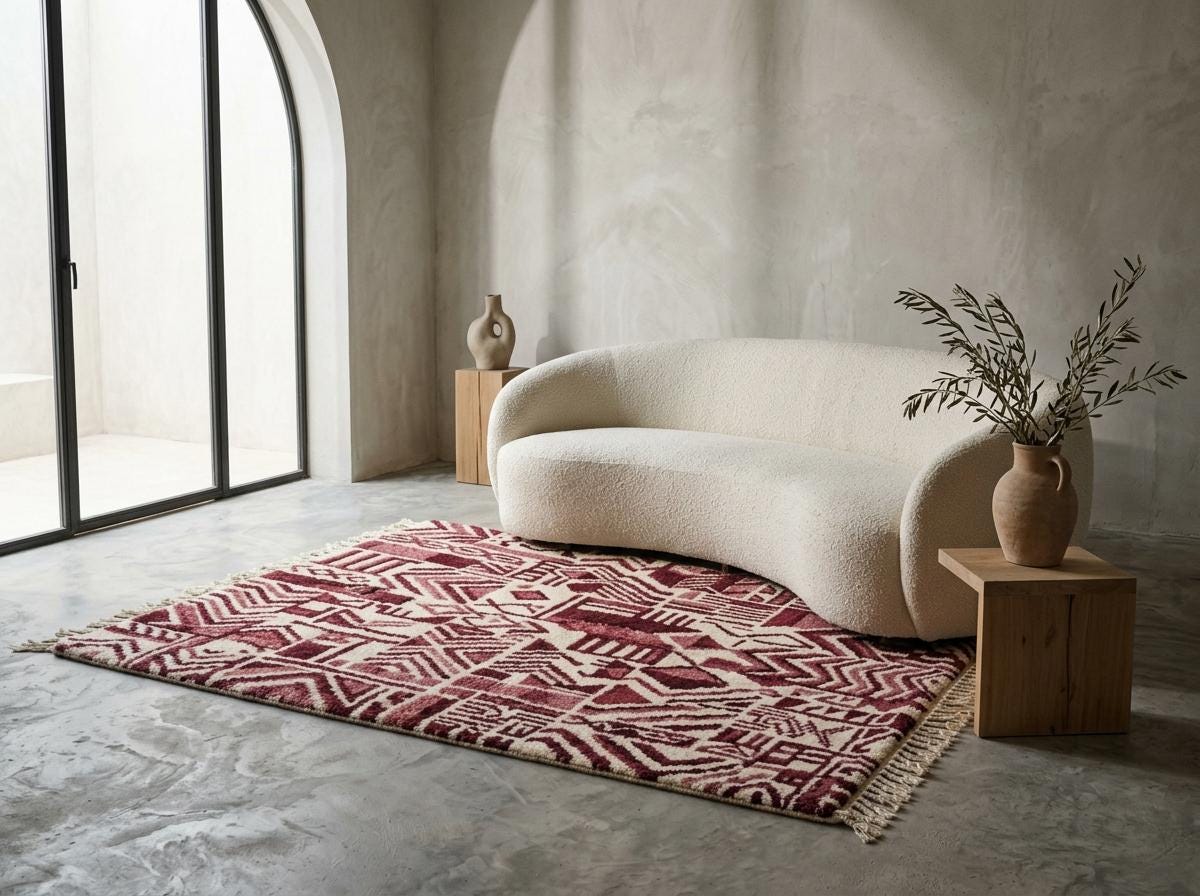 Handwoven Burgundy Berber Rug - Abstract Tribal Wool Shag Carpet
