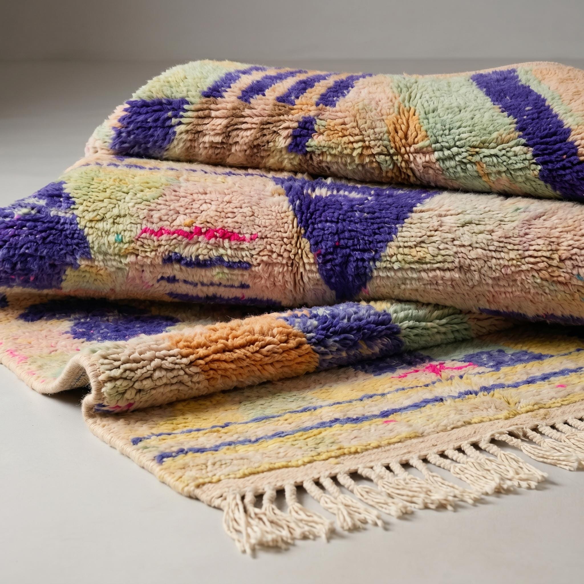 Boujaad Rug - Sandy Beige Purple Violet Wool Rug - Handmade Abstract Geometric Rug - One of a Kind Boho Berber Carpet