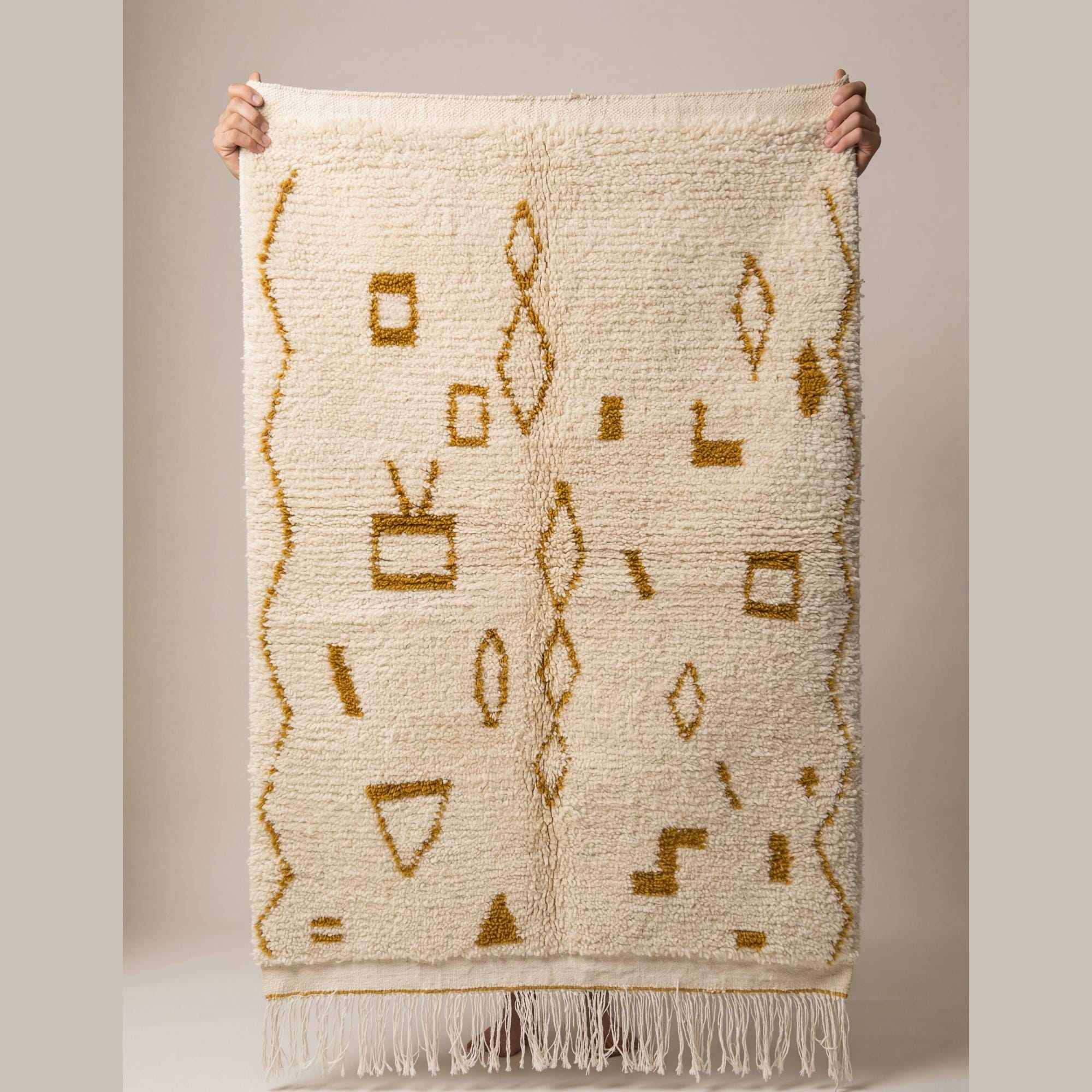 Azilal Rug - Ivory Gold Symbol Wool Rug - Handmade Berber Rug - Neutral Boho Area Rug - Mustard Tribal Carpet - Multiple Sizes