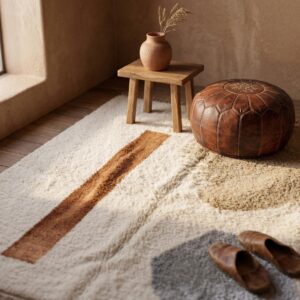 Berber Authentic Beni Ourain Rug, Abstract Rust Beige Wool Carpet, Plush Shag Living Room Decor