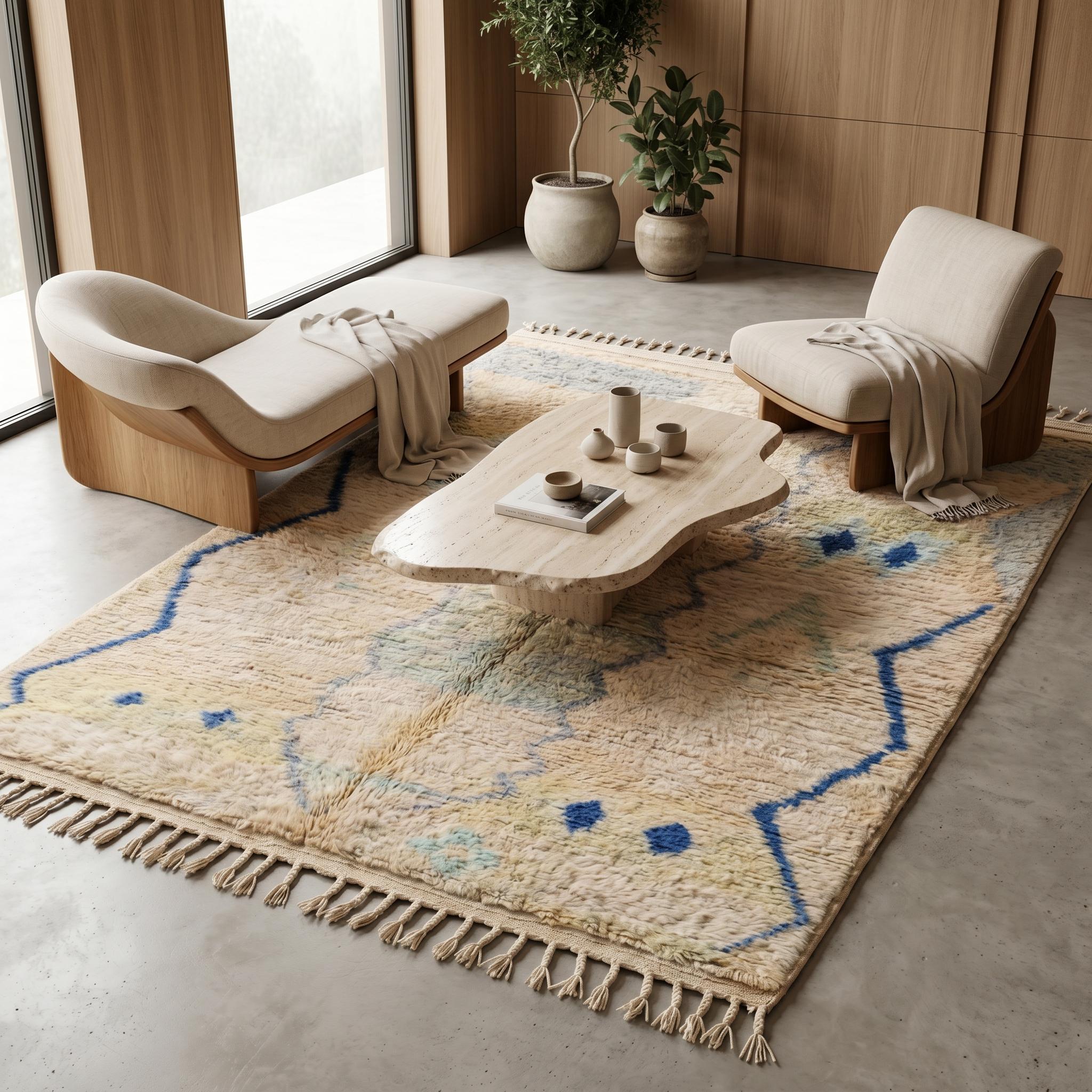 Boujaad Rug - Sandy Beige Blue Wool Rug - Handmade Tribal Diamond Rug - 8x5 Soft Boho Area Rug - One of a Kind Berber Carpet