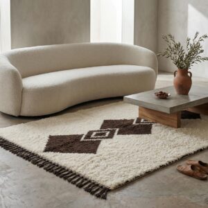 Handwoven Beni Ourain Diamond Wool Rug, Brown Cream Berber Carpet, Boho Living Room Decor
