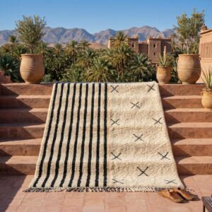 Handwoven Beni Ourain Rug, Black White Stripes, Asymmetric Berber Carpet, Boho Living Room