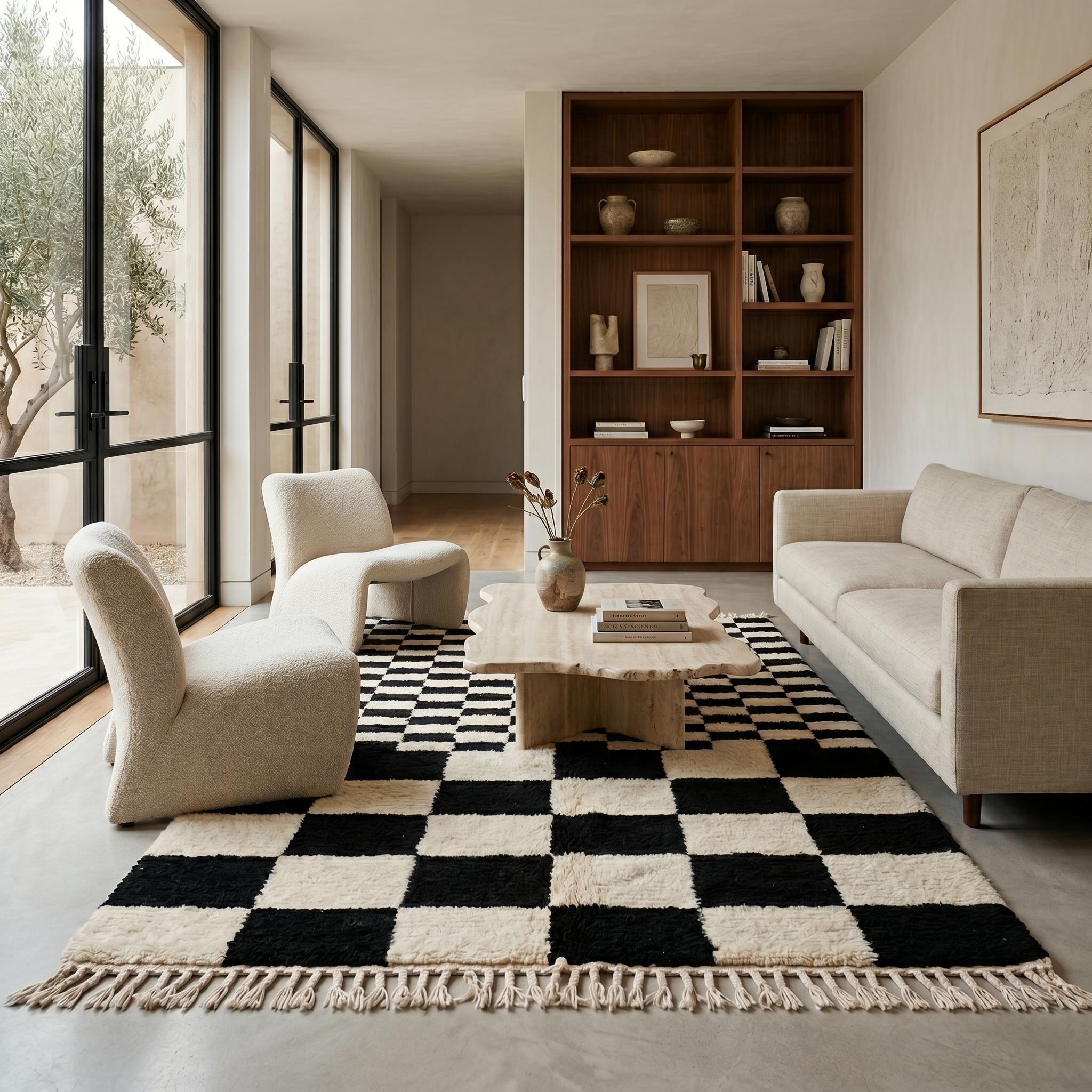 Checkered Rug - Ivory Black Wool Rug - Handmade Large Check Rug - Modern Area Rug - Graphic Berber Carpet - Multiple Sizes