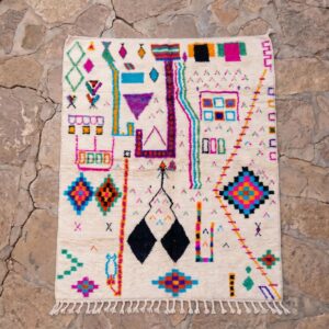 Azilal Rug - Ivory Wool Shag with Multicolor Folk Art Symbols, Handmade Tribal Berber Area Rug