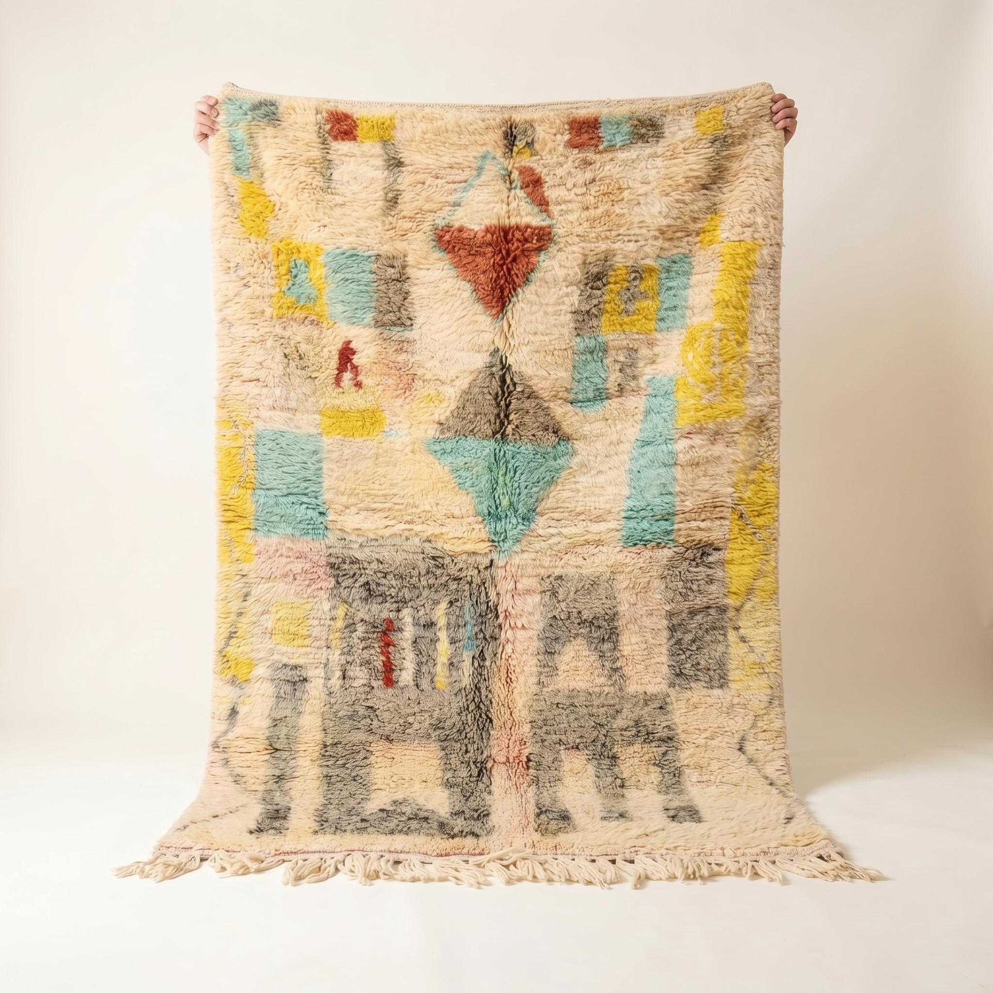Boujaad Rug - Ivory Teal Yellow Grey Wool Rug - Handmade Abstract Symbol Rug - One of a Kind Boho Berber Carpet