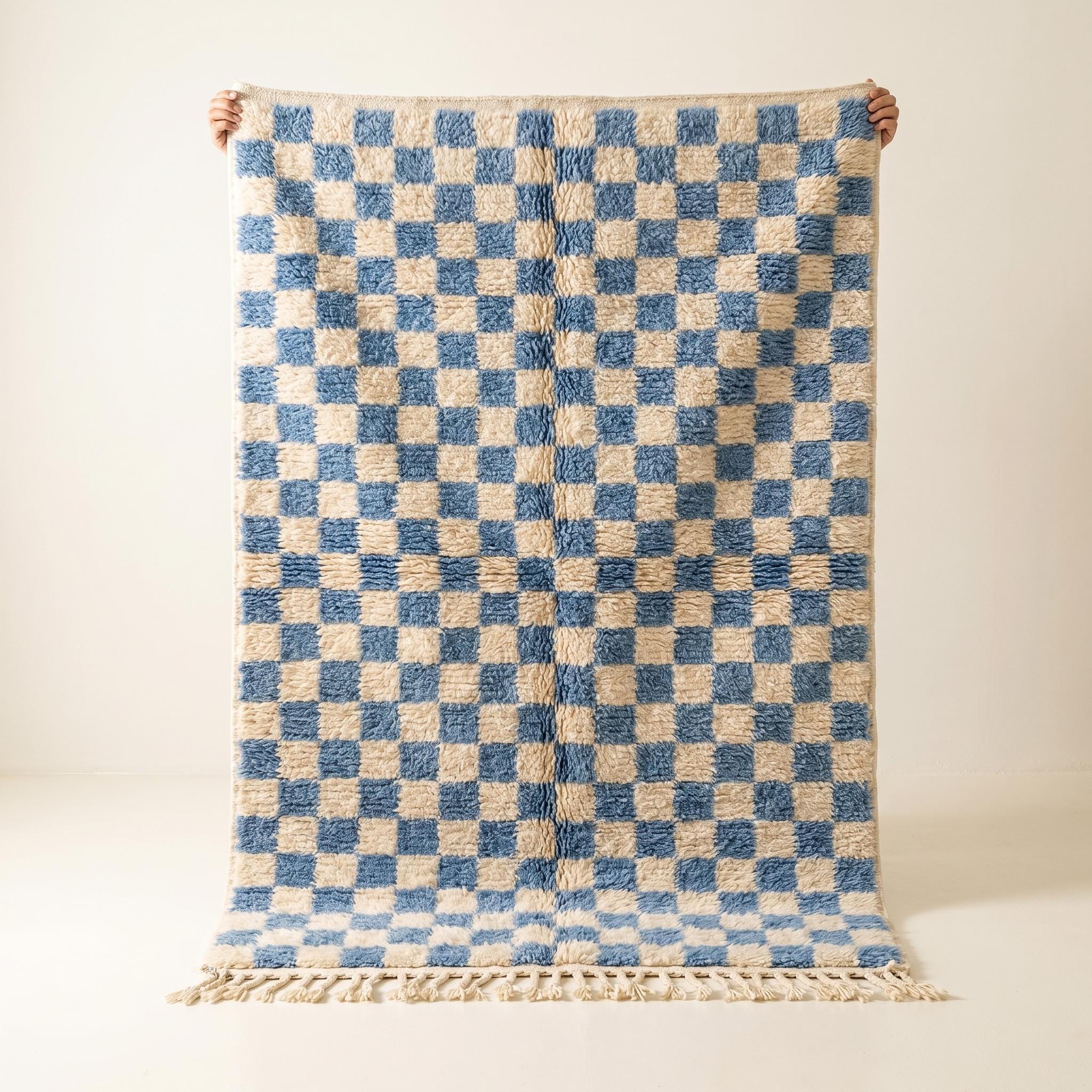 Checkered Rug - Sky Blue Ivory Wool Rug - Handmade Checker Rug - Coastal Area Rug - Soft Berber Carpet - Multiple Sizes